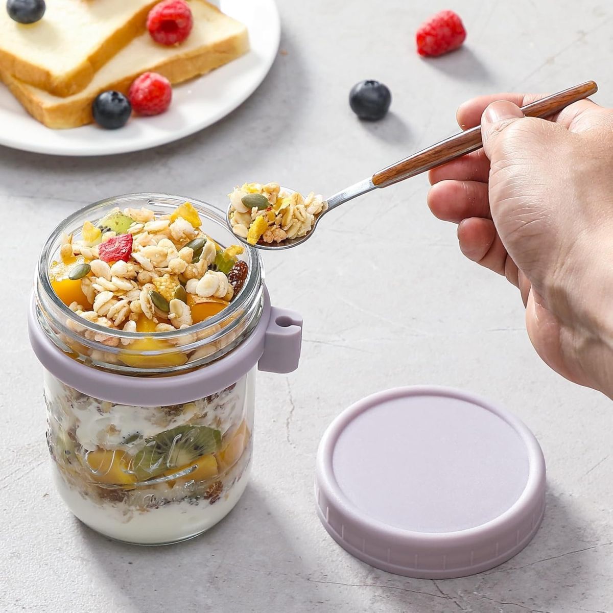 オーバーナイトオーツ 容器 6個セット 16oz LANDNEOO 蓋付きガラスジャー スプーン付き 密閉保存 耐熱 食洗機対応