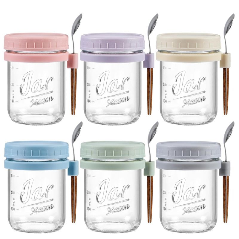 オーバーナイトオーツ 容器 6個セット 16oz LANDNEOO 蓋付きガラスジャー スプーン付き 密閉保存 耐熱 食洗機対応
