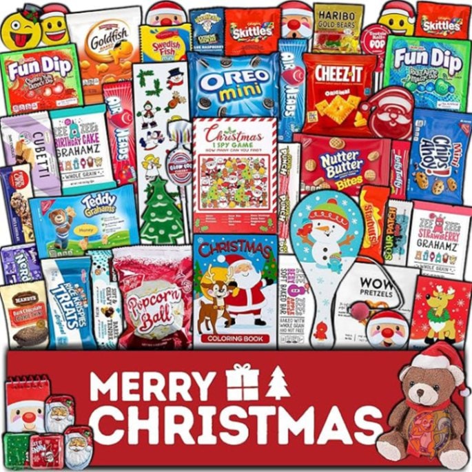 クリスマス ケア パッケージ お菓子詰め合わせ (50 個入り) キャンディ おもちゃ スナック クッキー バー チップス ホリデー ストッキング 詰め物 バラエティ CRAVEBOX