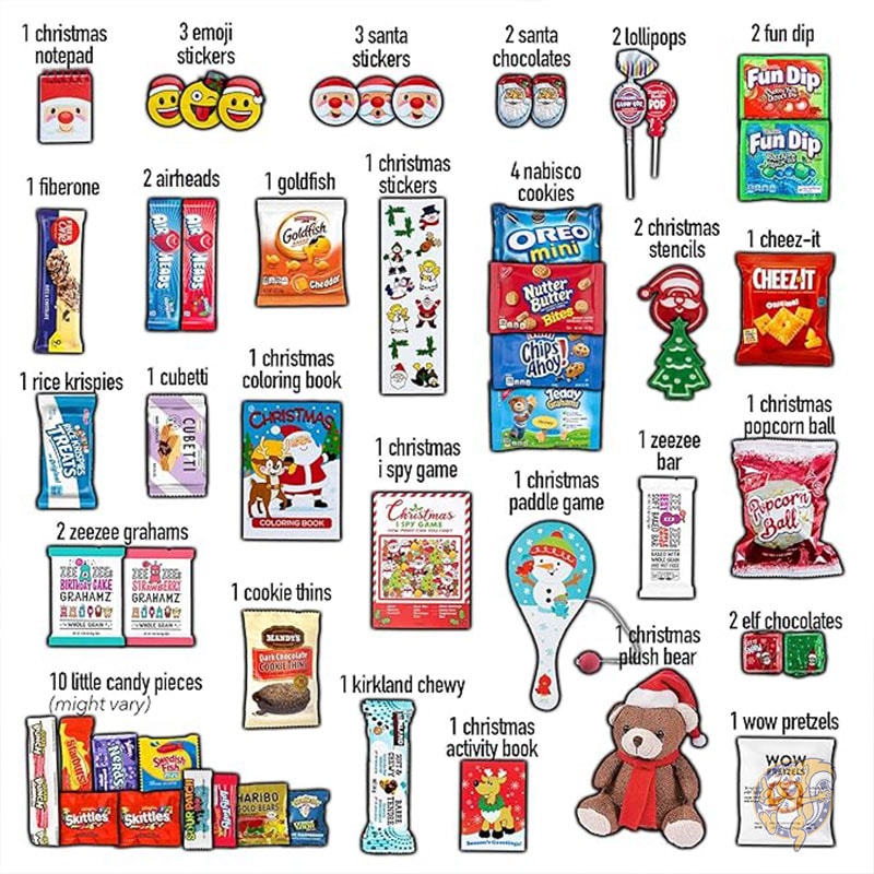クリスマス ケア パッケージ お菓子詰め合わせ (50 個入り) キャンディ おもちゃ スナック クッキー バー チップス ホリデー ストッキング 詰め物 バラエティ CRAVEBOX