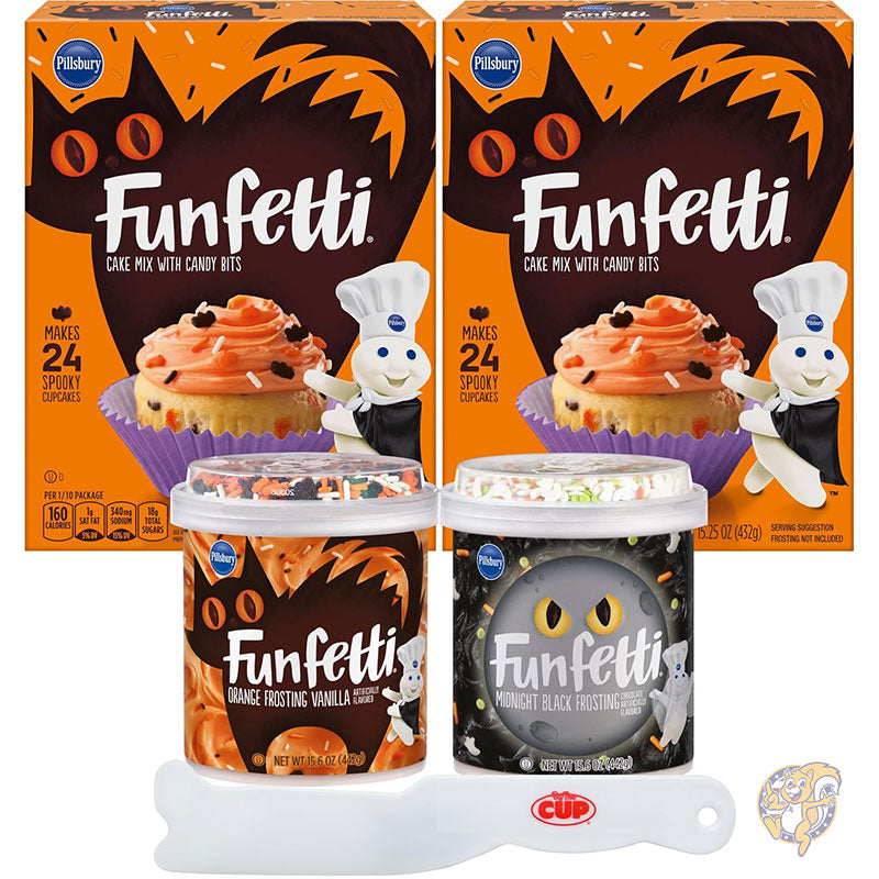 ファンフェッティ ハロウィン バンドル キャンディ ビット付きケーキ ミックス 2 個 スプリンクル付きフロスティング 1 個 ブラック チョコレートとオレンジ バニラ (4 個パック) By The Cup スプレッダー付き ピルズベリー Pillsbury