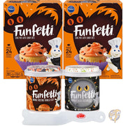 ファンフェッティ ハロウィン バンドル キャンディ ビット付きケーキ ミックス 2 個 スプリンクル付きフロスティング 1 個 ブラック チョコレートとオレンジ バニラ (4 個パック) By The Cup スプレッダー付き ピルズベリー Pillsbury