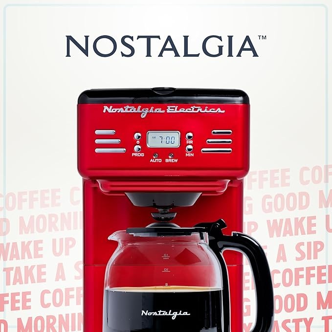 アメリカン レトロ風 ノスタルジア コーヒーメーカー Nostalgia 赤 12カップ LEDディスプレイ付き 自動オフ・保温機能搭載