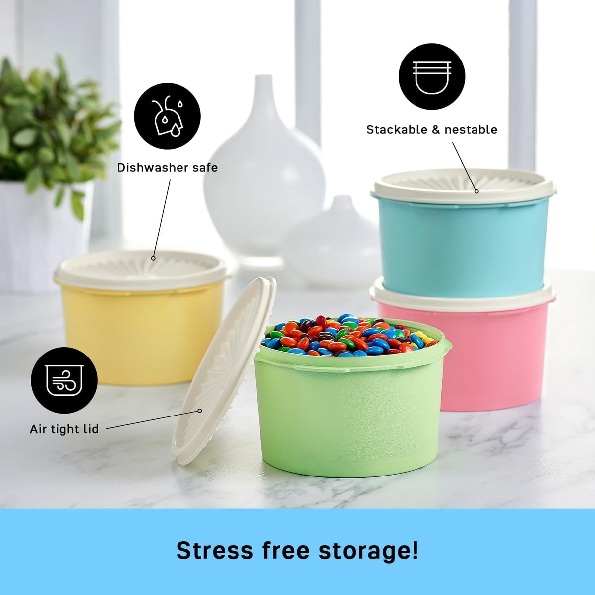 Tupperware タッパーウェア ヘリテージ コレクション 保存容器 4個セット 蓋付き 密閉 BPAフリー レトロカラー 耐久性 プラスチック 収納可 食品保存容器 910ml 重ねて収納可