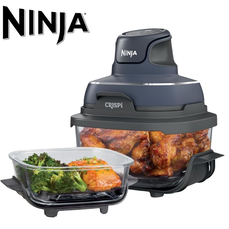 Ninja Crispi ニンジャ クリスピ 4-in-1 ポータブル ガラス エアフライヤー 1500W 4QT&6カップ容器付き ノンフライ調理器 タイマー 温度調整 FN101GY