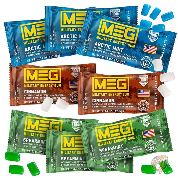 MEG メグ ミリタリーエナジーガム 1個あたりカフェイン100mg アークティックミント スペアミント シナモン マルチフレーバー 8パック40個入り お菓子 ガム