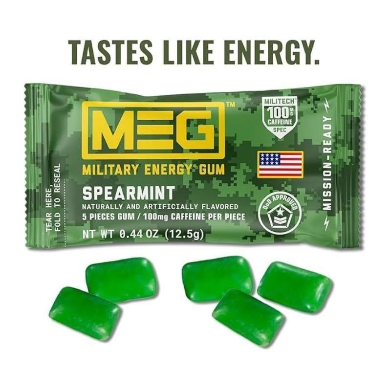 ミリタリーガム Military Energy Gum MEG ミリタリーエナジーガム スペアミント味 100mgカフェイン配合 米軍使用実績 エネルギー補給ガム 18パック(全90粒)