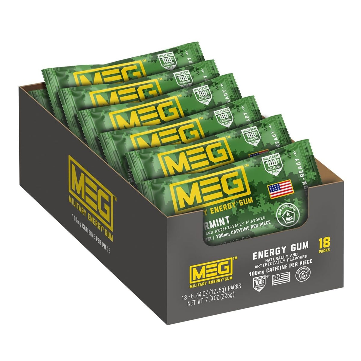 ミリタリーガム Military Energy Gum MEG ミリタリーエナジーガム スペアミント味 100mgカフェイン配合 米軍使用実績 エネルギー補給ガム 18パック(全90粒)