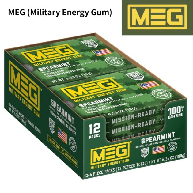 MEG ミリタリーエナジーガム スペアミント 100mgカフェイン 12パック(計72粒) 速攻エネルギー USA製 米軍使用実績 エネルギー補給ガム Military Energy Gum