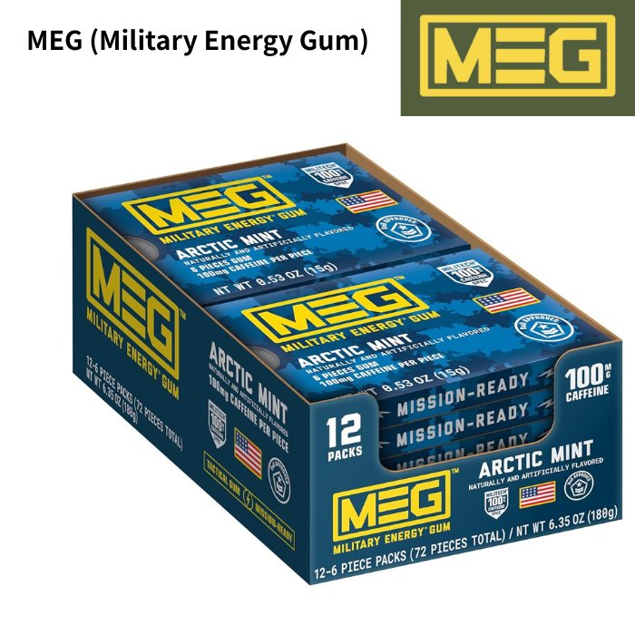 ミリタリーエナジーガム MEG Arctic Mint アークティックミント 100mgカフェイン 12パック(計72粒) 速攻エネルギー USA製 正規品 米軍使用実績