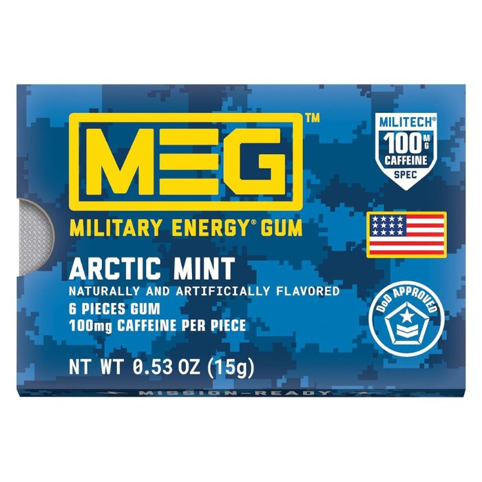 ミリタリーエナジーガム MEG Arctic Mint アークティックミント 100mgカフェイン 12パック(計72粒) 速攻エネルギー USA製 正規品 米軍使用実績