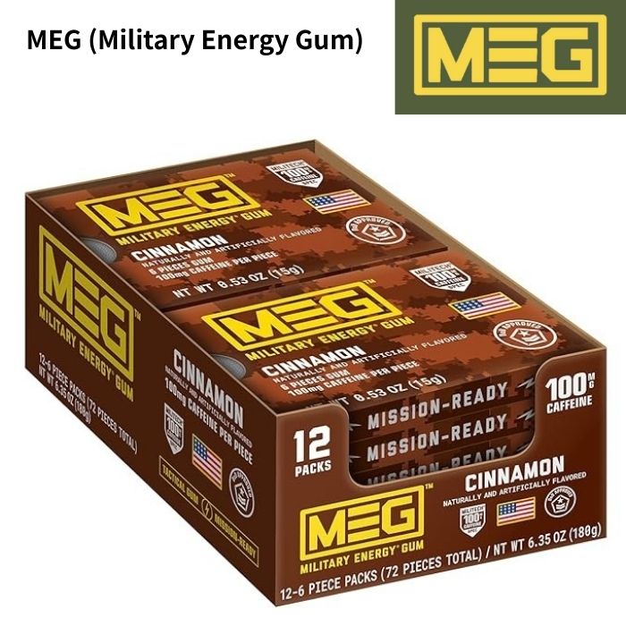 MEG ミリタリーエナジーガム Cinnamons シナモン 100mgカフェイン 12パック(計72粒) 速攻エネルギー USA製 正規品 米軍使用実績 エネルギー補給ガム