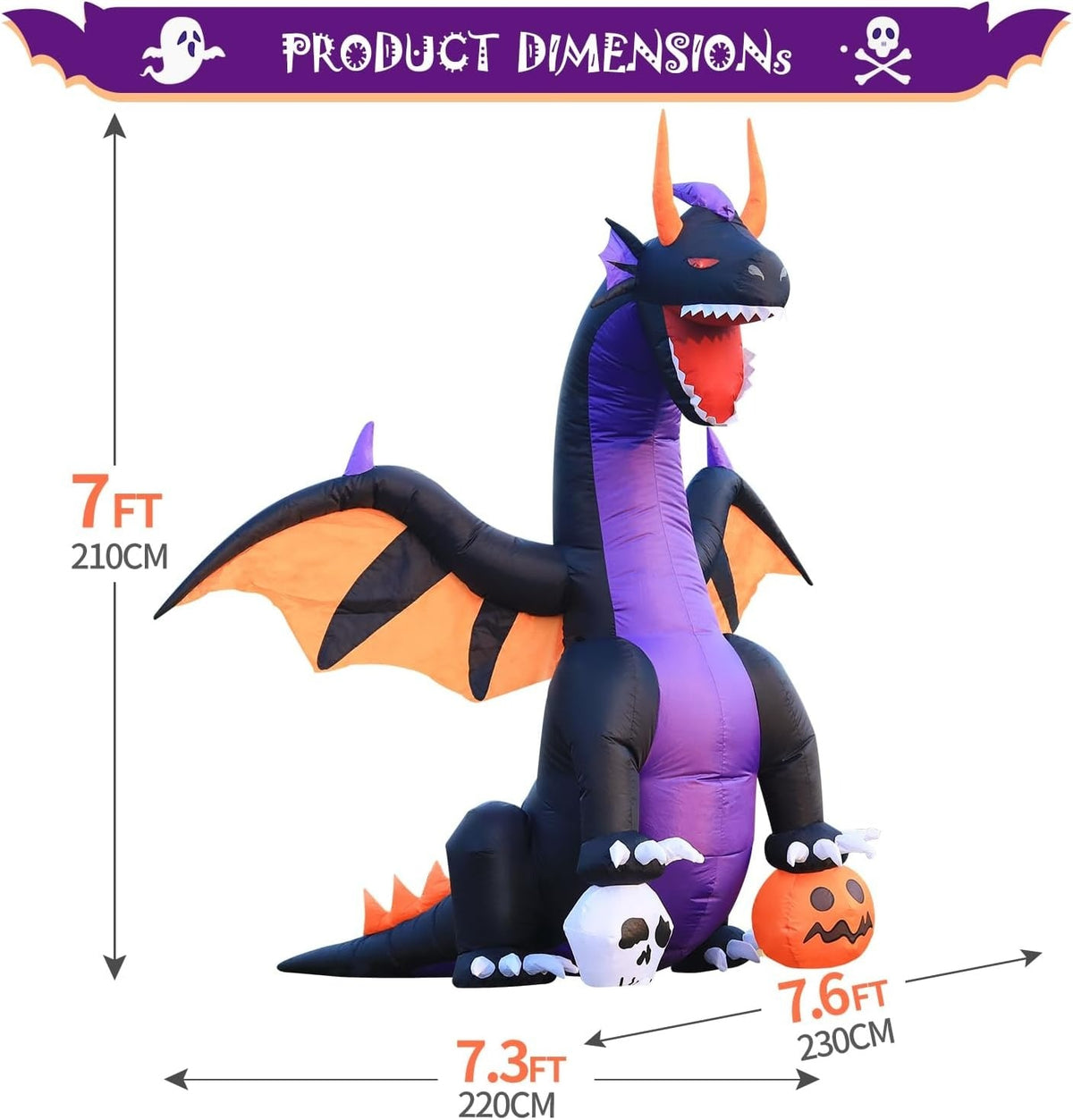 ハロウィン エアブロー ドラゴン 213cm 巨大 インフレータブル カボチャ&ドクロ 膨らむ屋外装飾 庭 芝生 パーティーデコレーション 大型 パンプキン アメリカ輸入