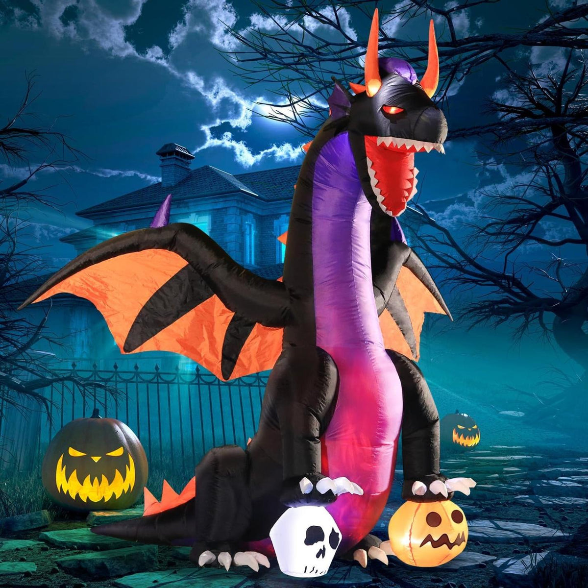ハロウィン エアブロー ドラゴン 213cm 巨大 インフレータブル カボチャ&ドクロ 膨らむ屋外装飾 庭 芝生 パーティーデコレーション 大型 パンプキン アメリカ輸入