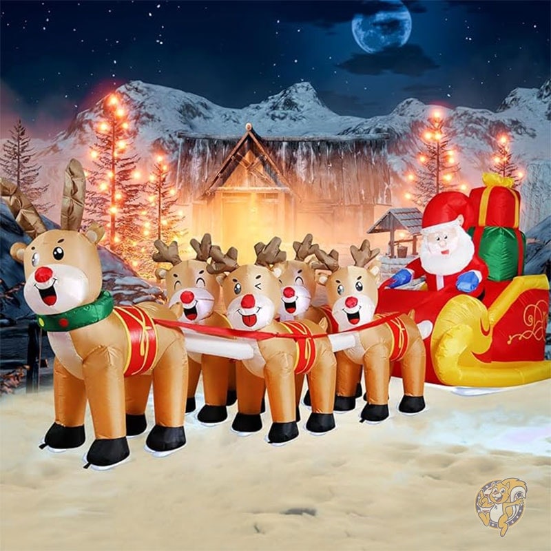 クリスマス インフレータブル サンタクロース 3.6m そりに乗ったトナカイ5頭付き 庭飾り クリスマスパーティー用 LEDライト内蔵 ホリデー 芝生 冬用飾り DomKom ドムコム