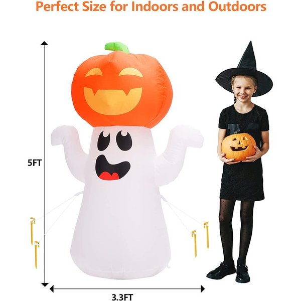 ハロウィン デコレーション お化けカボチャ 回転 ライト Zukakii 5Ft (1.5m) インフレータブル パンプキン ゴースト 送料無料 かぼちゃ ハロウィーン イルミネーション アメリカ輸入品