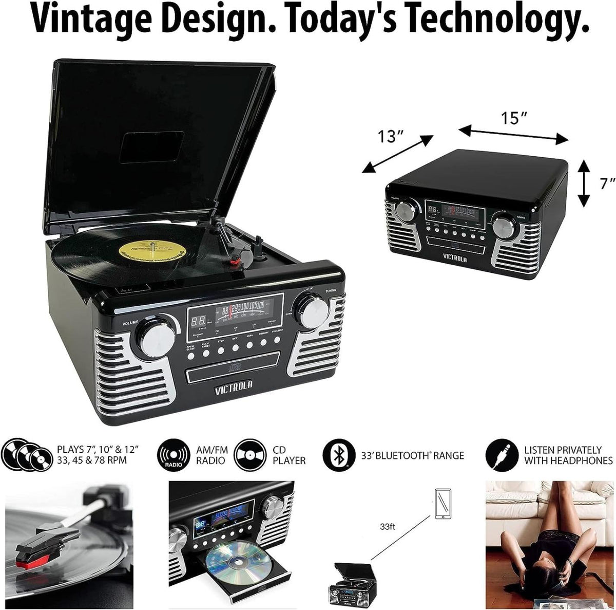 Victrola 50's レトロ ブルーツース レコード プレーヤー & マルチメディア センター 青 ビクトローラ