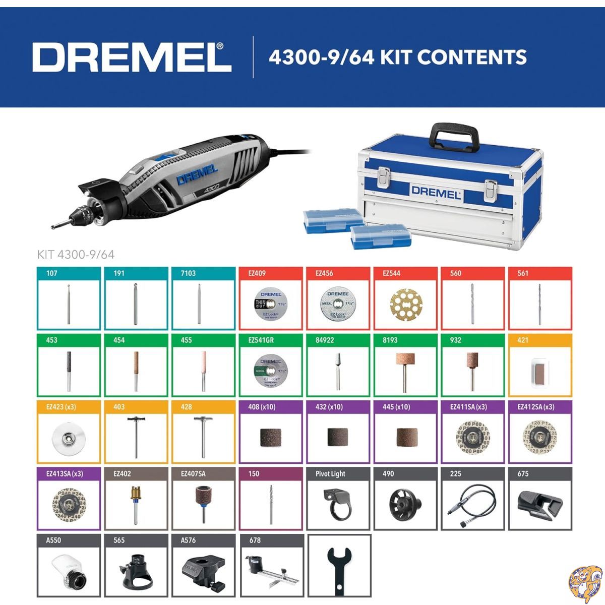 Dremel 4300-9/64 Rotary Tool Kit with Flex Shaft- 9 Attachments & 64 Accessories- Engraver, Router, Sander, and
