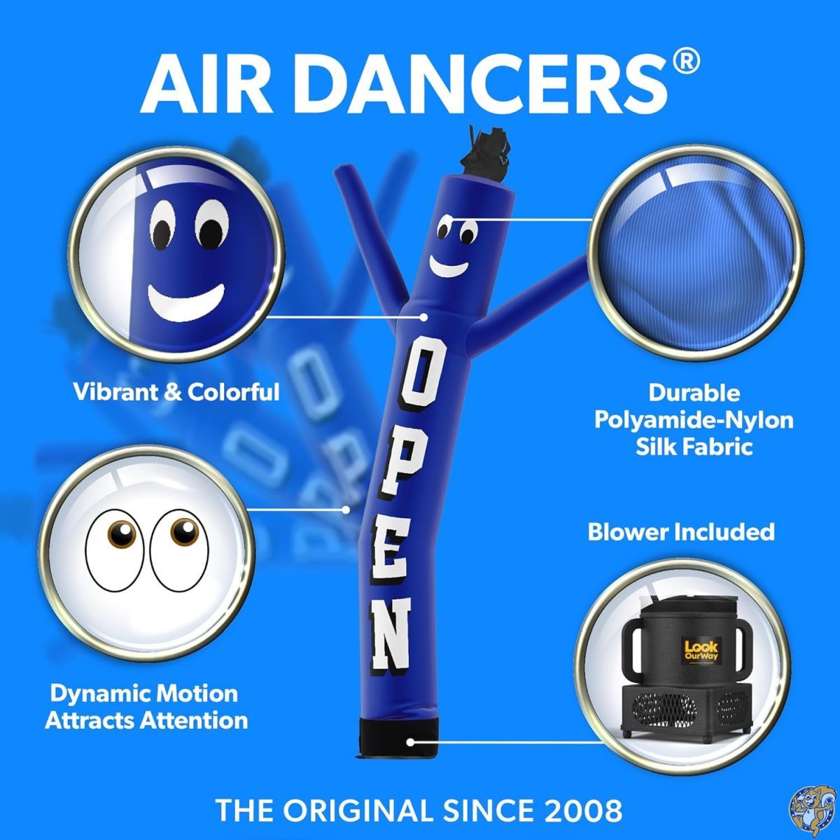 LookOurWay Air Dancers 空気注入式チューブマンセット - 高さ7フィート ワッキーウェービングインフレータブルダンシングチューブガイ 耐候性ブロワー ビジネスプロモーション オープンブルー