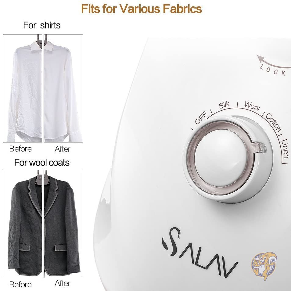 SALAV Clothes Steamer with 360 Degree Swivel Hanger, High Efficiency Metal Steam Panel, 4 Steam Settings, Free