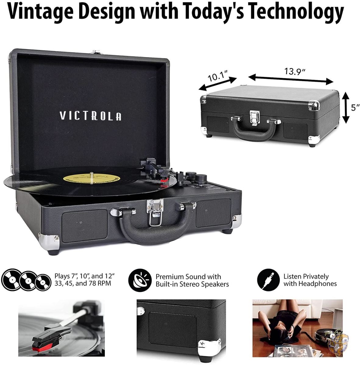Victrola ヴィンテージ 3速 Bluetooth ポータブル スーツケース レコードプレーヤー 内蔵スピーカー付き アップグレードされたターンテーブル 送料無料