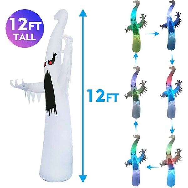 巨大お化け 12ft(365.8cm) ハロウィン インフレータブル デコレーション 飾り ガーデンライト 照明 ホラー ホワイトゴースト ライト付き 送料無料 怖い 恐怖 膨らむ ライトアップ イルミネーション