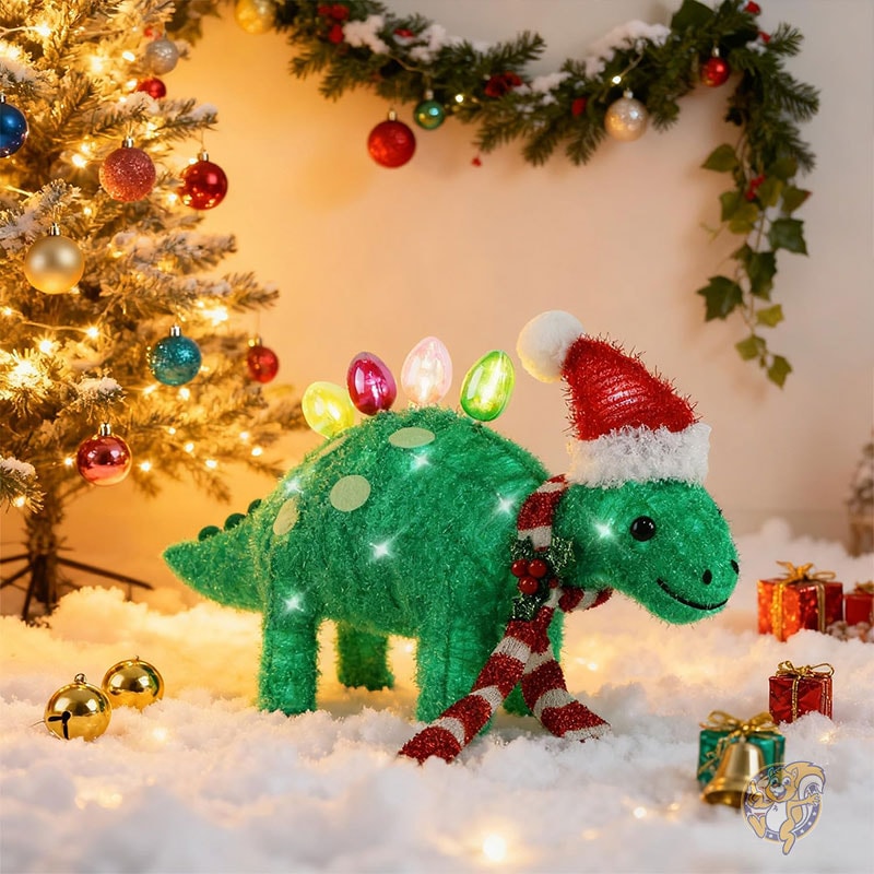 ライト付きクリスマス屋外装飾 プリライト 3D ティンセル クリスマス グリーン ステゴサウルス フィギュア 長さ25インチ x