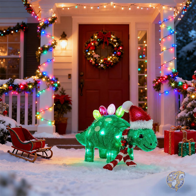 ライト付きクリスマス屋外装飾 プリライト 3D ティンセル クリスマス グリーン ステゴサウルス フィギュア 長さ25インチ x