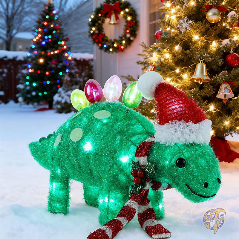 ライト付きクリスマス屋外装飾 プリライト 3D ティンセル クリスマス グリーン ステゴサウルス フィギュア 長さ25インチ x