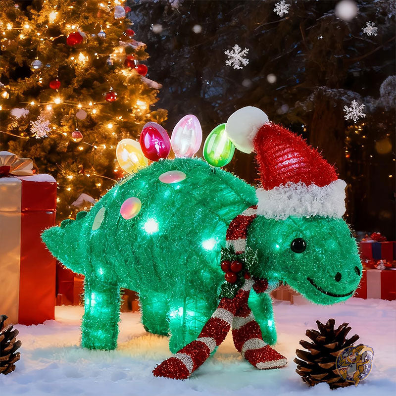ライト付きクリスマス屋外装飾 プリライト 3D ティンセル クリスマス グリーン ステゴサウルス フィギュア 長さ25インチ x