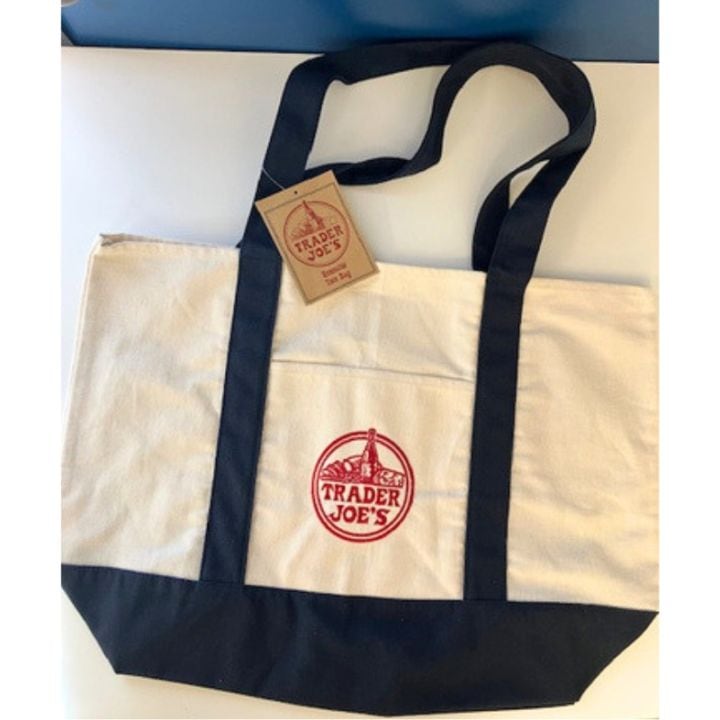 トレーダージョーズ Trader Joe's トレジョ 大容量 トートバッグ ネイビー 刺繍ロゴ コットンキャンバス エコバッグ お買い物バッグ トレジョ バック